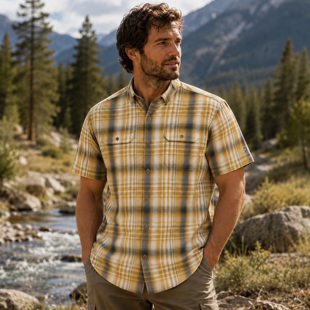 Kuhl Response Button Down Shirt Mens XL Yellow Plaid Short Sleeve Linen Blend